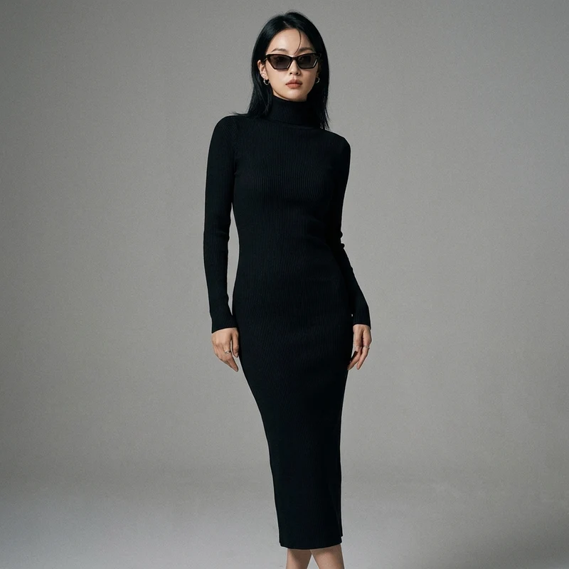 Robe Longue Moulante Col Semi-Montant