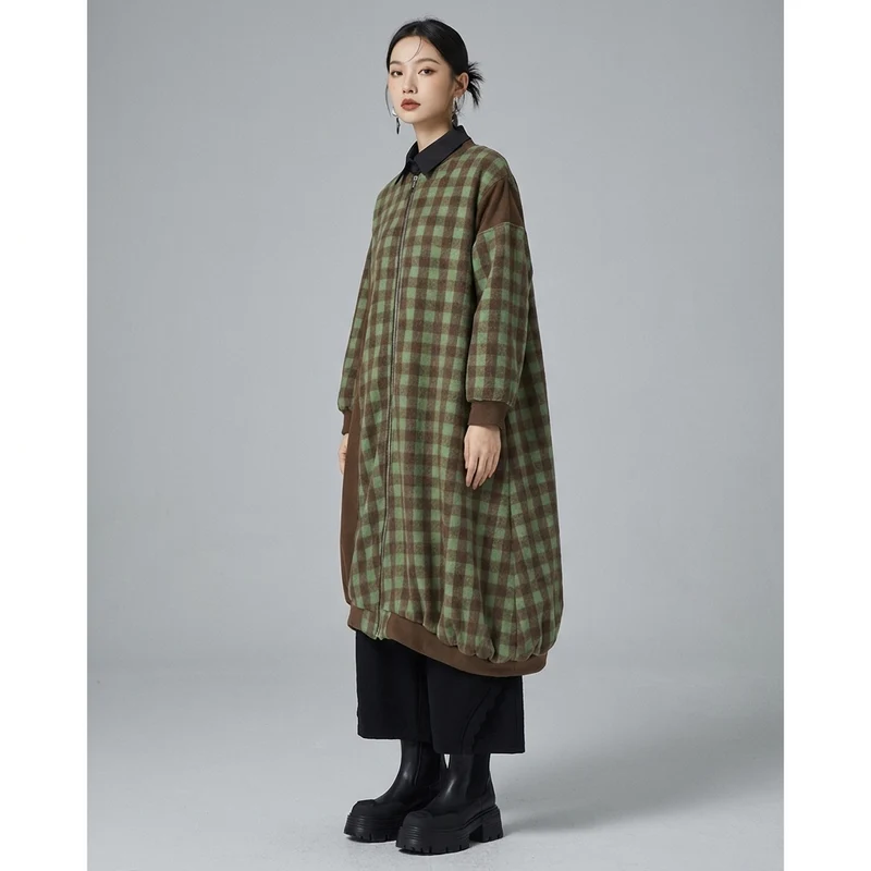 Manteau Long Carreaux Asymétrique