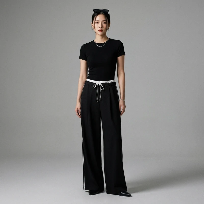 Pantalon Large Taille Haute Rayures Latérales