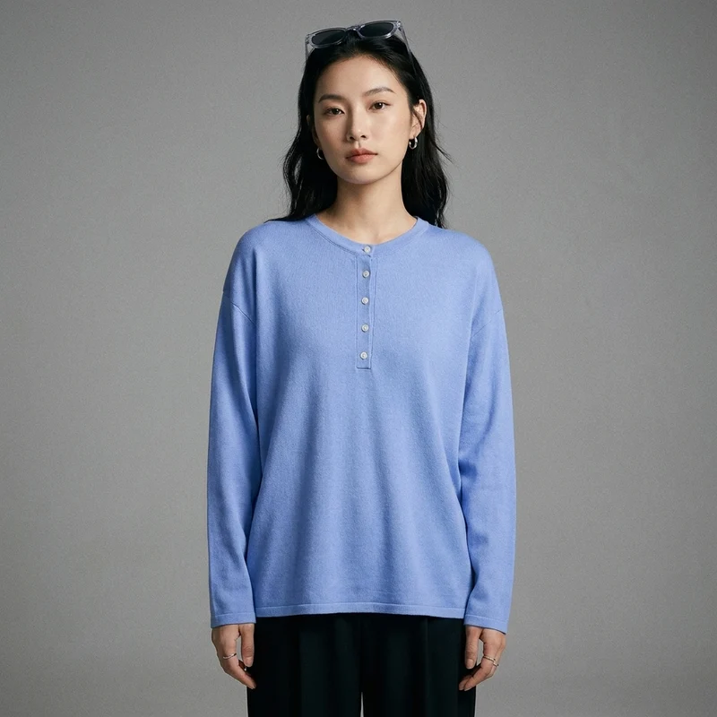 Pull Col Rond Boutonné Ample