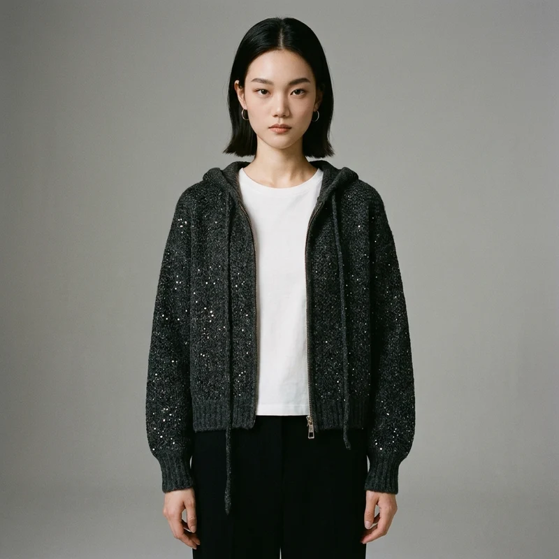 Cardigan Zippé à Capuche Épais