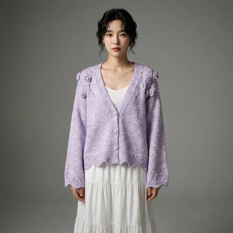 Cardigan Tricot Fleurs 3D