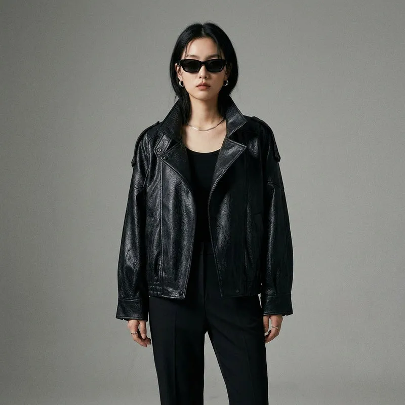 Veste Similicuir Col Montant Noire