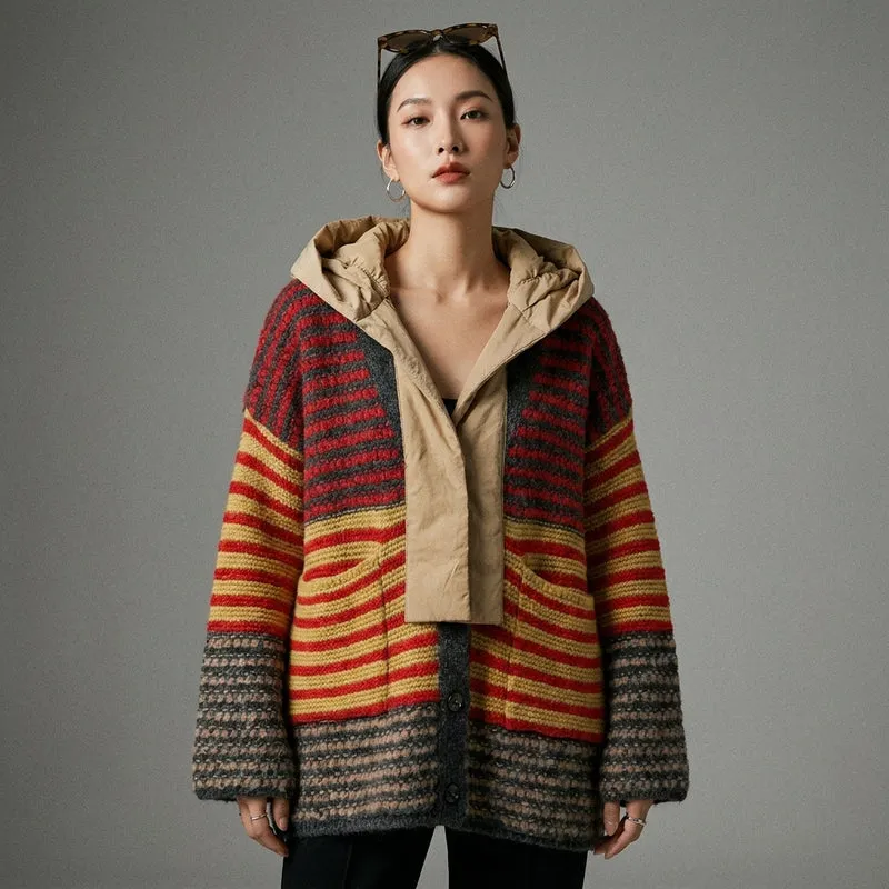 Cardigan Rayé Vintage à Capuche