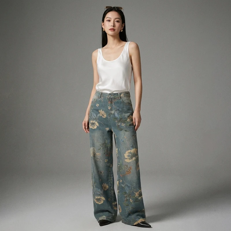 Pantalon Denim Ample Imprimé Floral