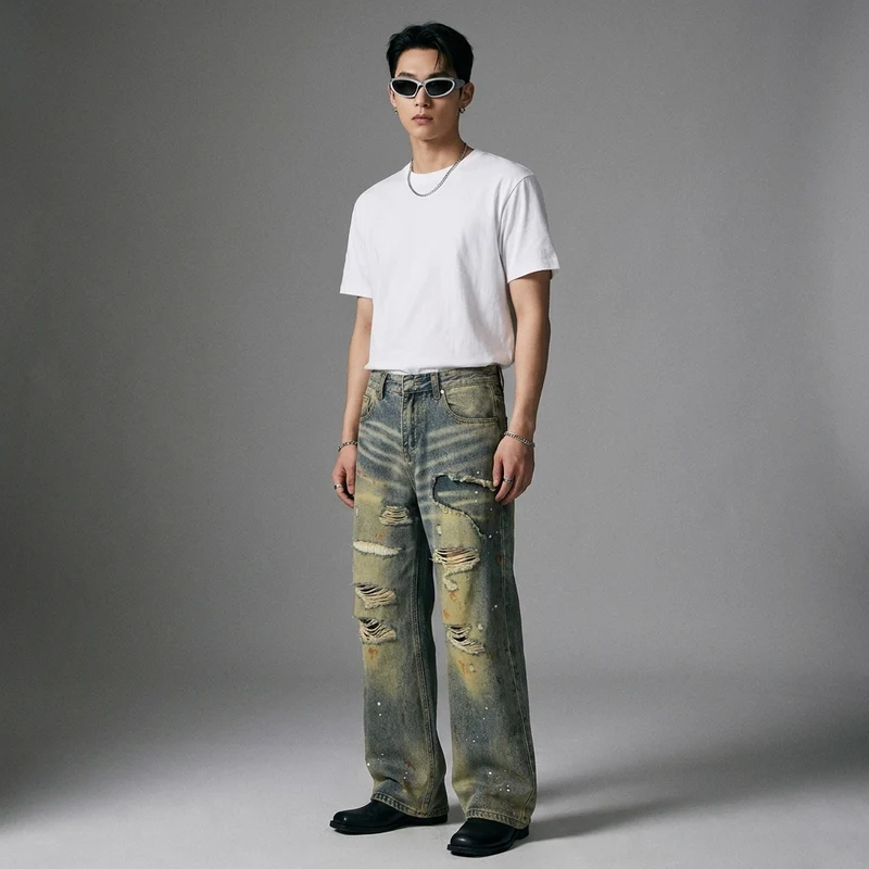Jean Denim Délavé Coupe Droite