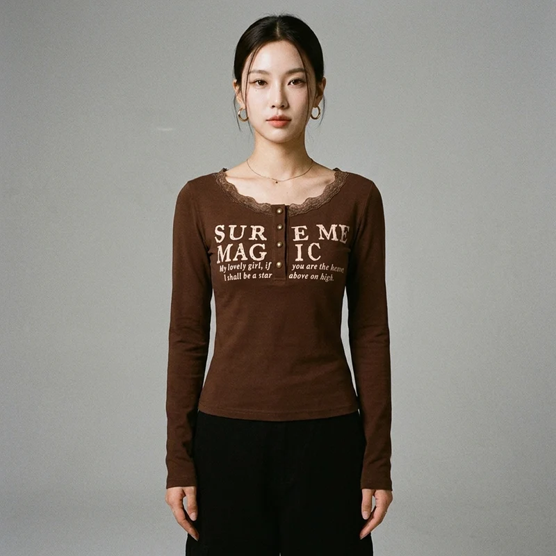 T-shirt Imprimé Col Rond Dentelle