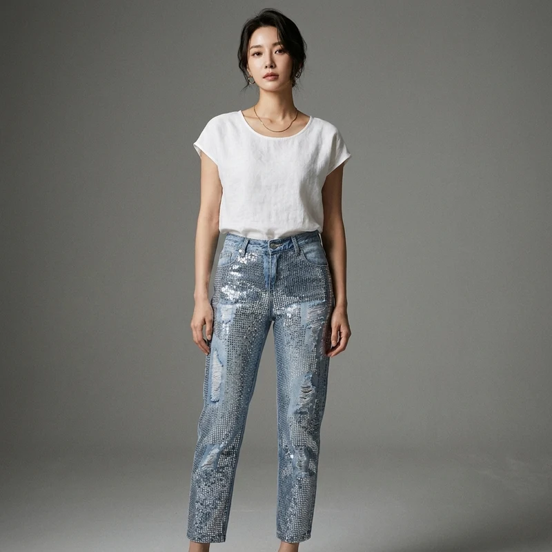Jeans Droit Délavé Brodé