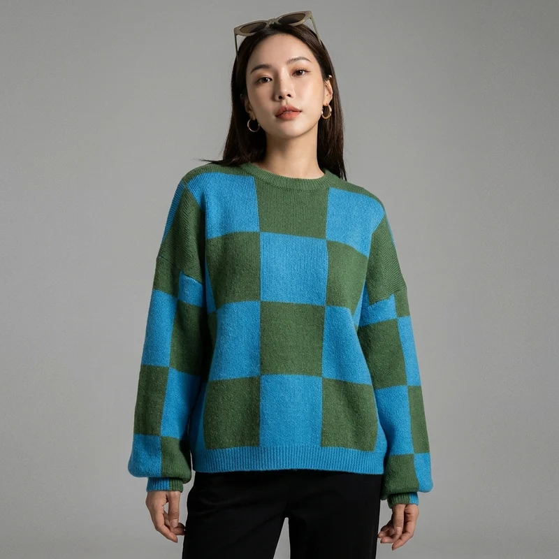 Cardigan Tricoté à Carreaux Oversize