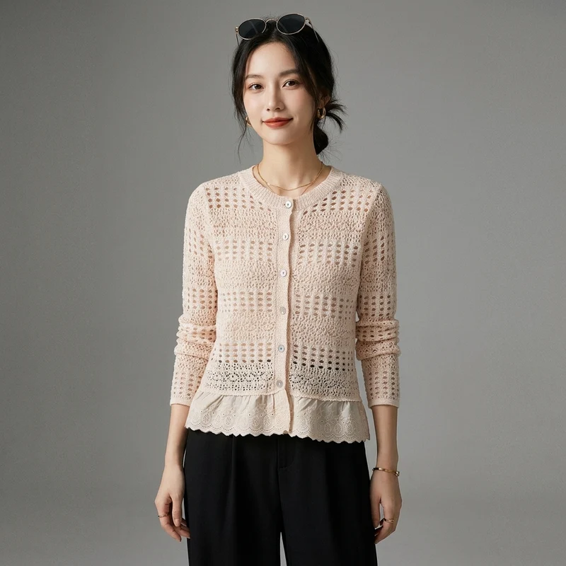 Simple mesh jacquard knitted patchwork jacket