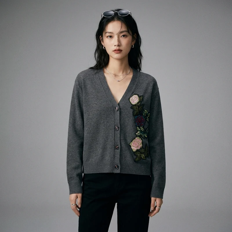 Cardigan Tricot Brodé Fleurs