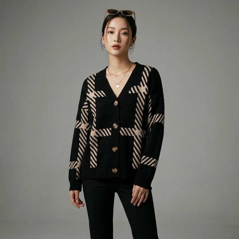 Pull Col V Rayé Boutonné