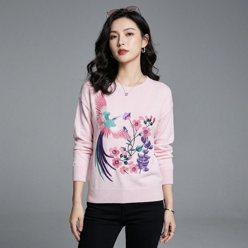 Pull Tricot Brodé Rose