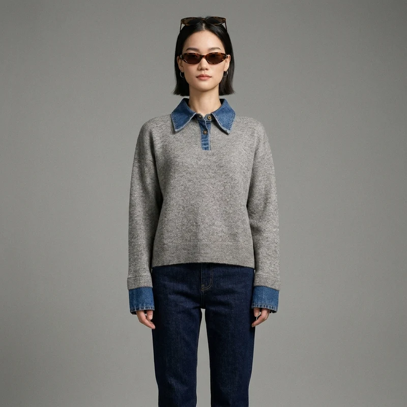 Denim Spliced Two-Piece Sweater Women's Lazy Style Wool Knitwear Heavyweight Thickened Versatile Base Layer Top