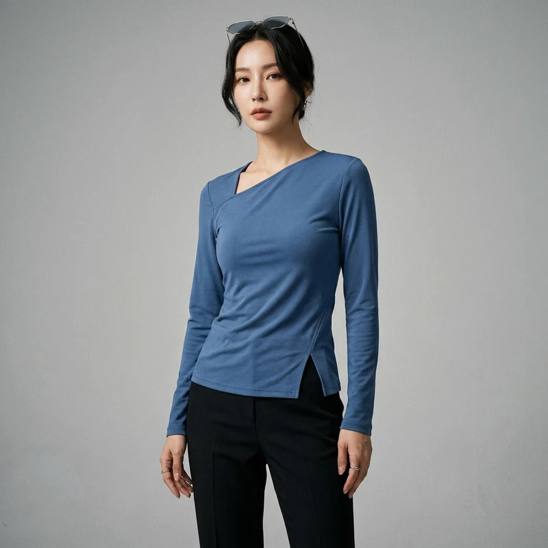T-Shirt Col Asymétrique Manches Longues