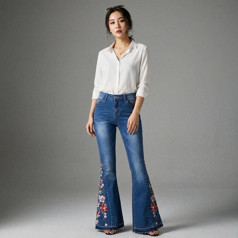 Denim Flared Pants 3D Heavy Industry Embroidered Denim Women's Autumn Denim Wide Leg Trousers