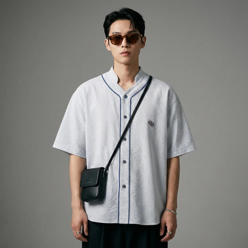 Chemise Rayée Loose Col Baseball