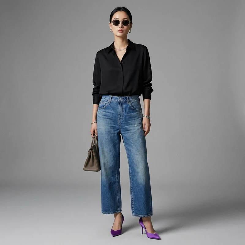 Pantalon Denim Ample Taille Haute