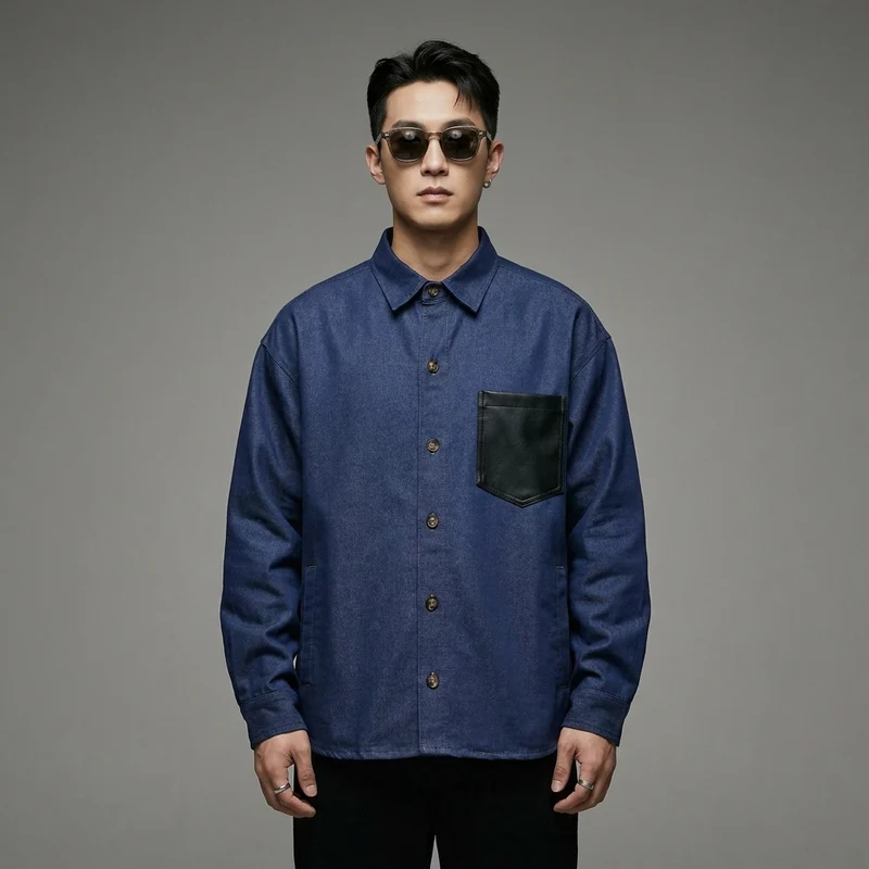 Color blocking pocket denim shirt casual long sleeved shirt jacket
