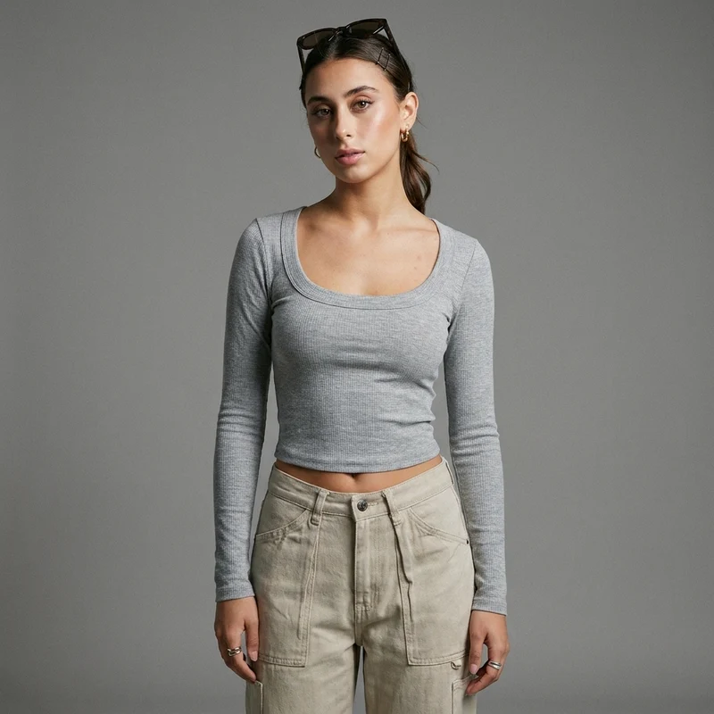 Top Manches Longues Gris Minimaliste