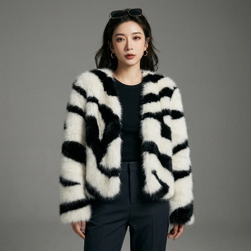 Manteau Court Zèbre en Fausse Fourrure