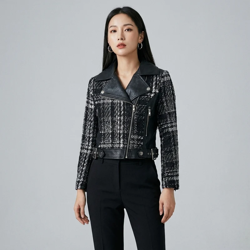 Veste Zippée Tweed et Cuir