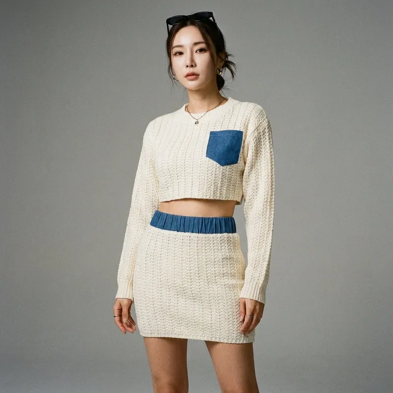 Women's 2 Pcs Set Denim Patch Design Knitted O-neck Short Pullover Elastic Waist Miniskirts Autumn New Fashion