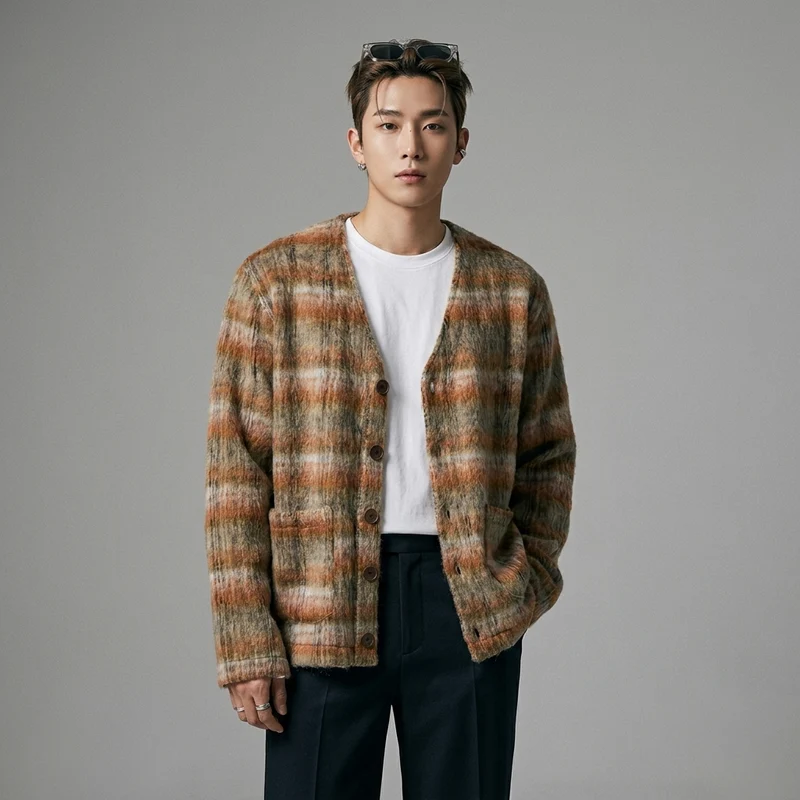High Quality Brown Check Mohair Cardigan Wool Blend Knit Sweater V-Neck Fall Fashion Knit Cardigan Jacket Men Sweater