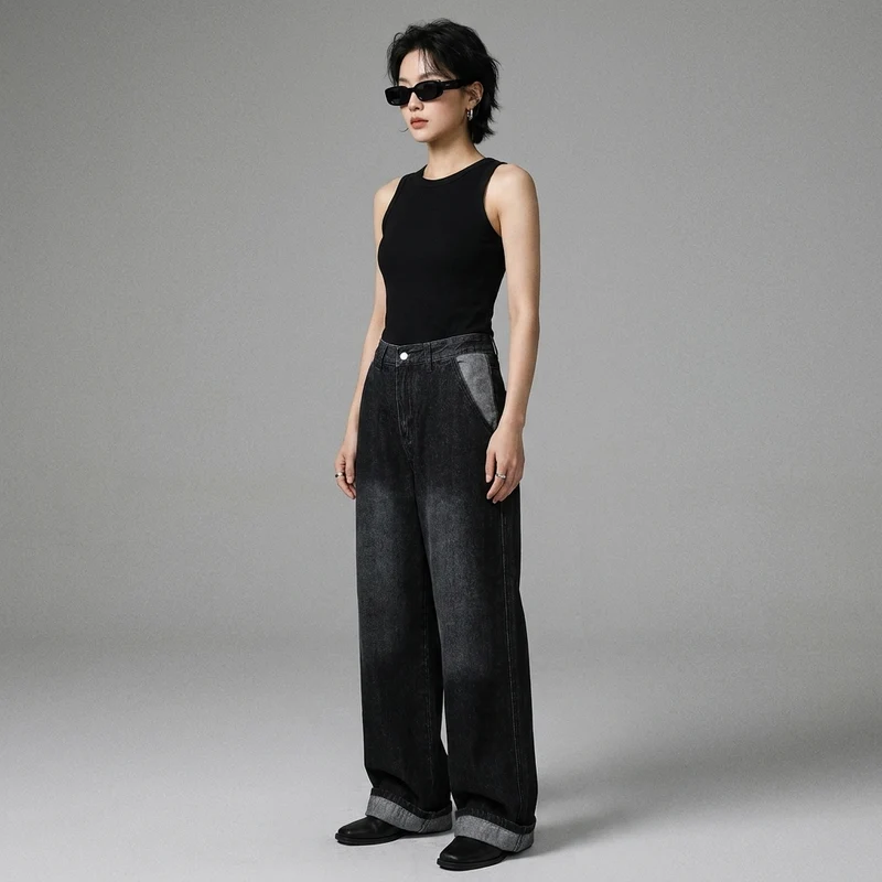 Brand Color Block Splicing Casual Denim Pants Unisex Straight Leg Pants