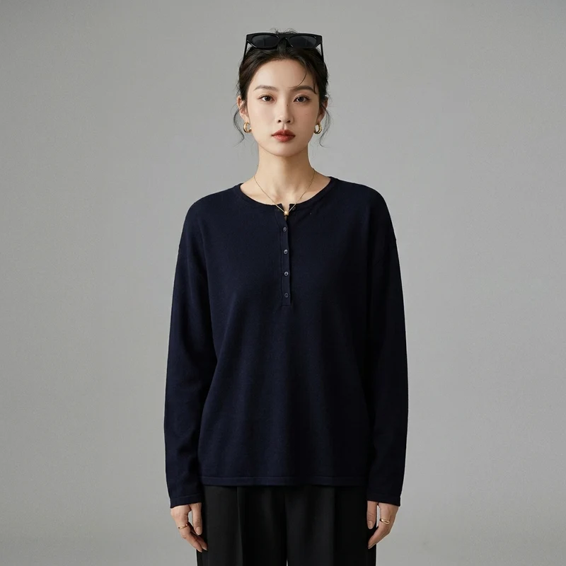 Pull Maille Boutonné Marine