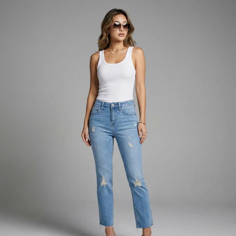 Jean Slim Effiloché Bleu Taille Haute