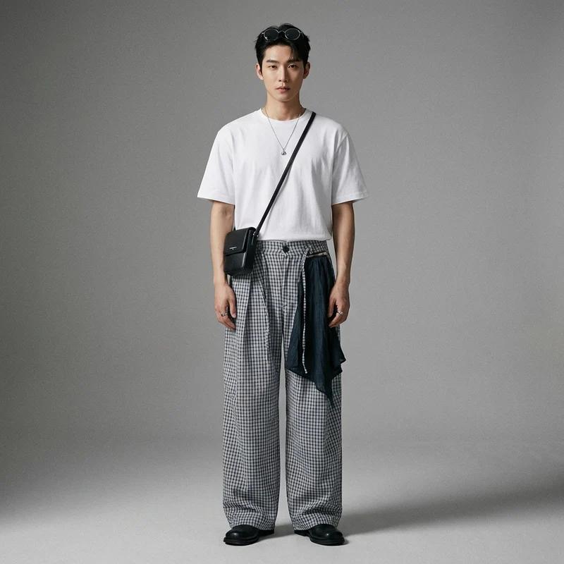 Pantalon Carreaux Plissé Streetwear