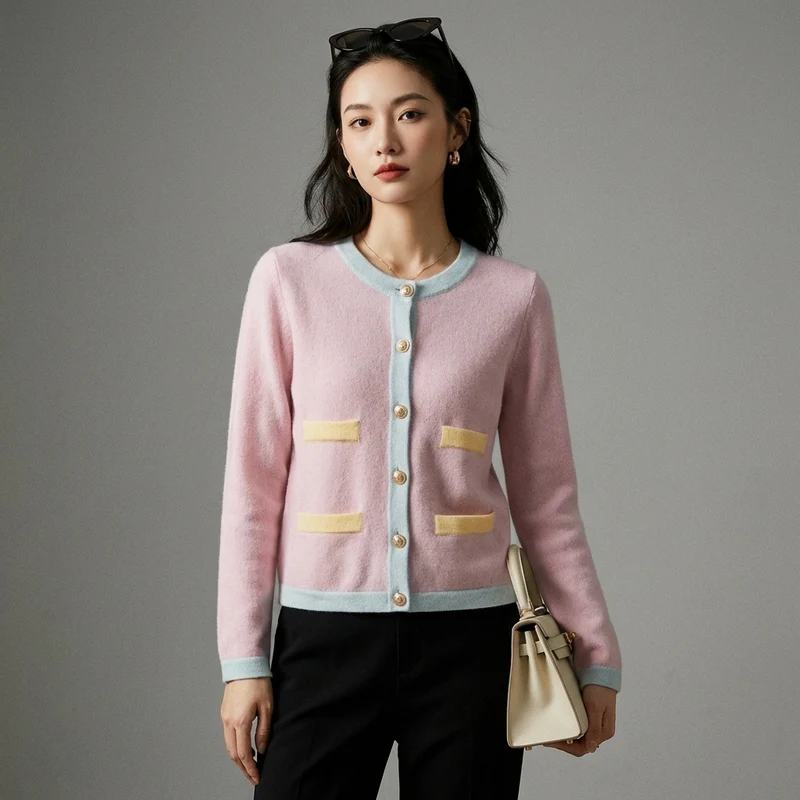 Cardigan en Laine Rose Détail Métal