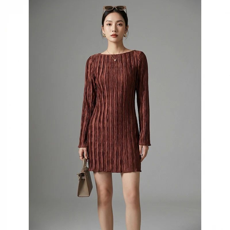Elegant slim fit texture pleated fabric long sleeved dress for women