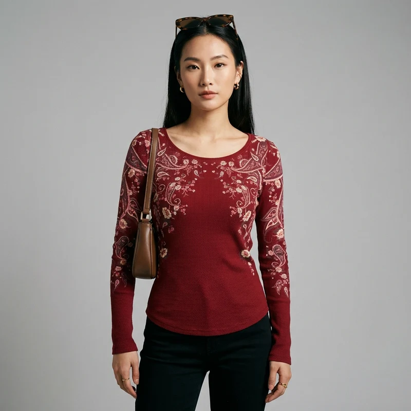 T-shirt Manches Longues Gaufre Rouge