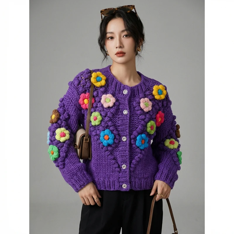 Cardigan Fleur Tricoté Violet