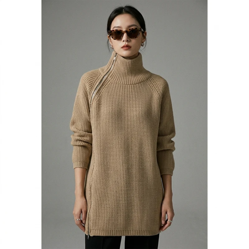 Cardigan Zippé Col Roulé Minimaliste