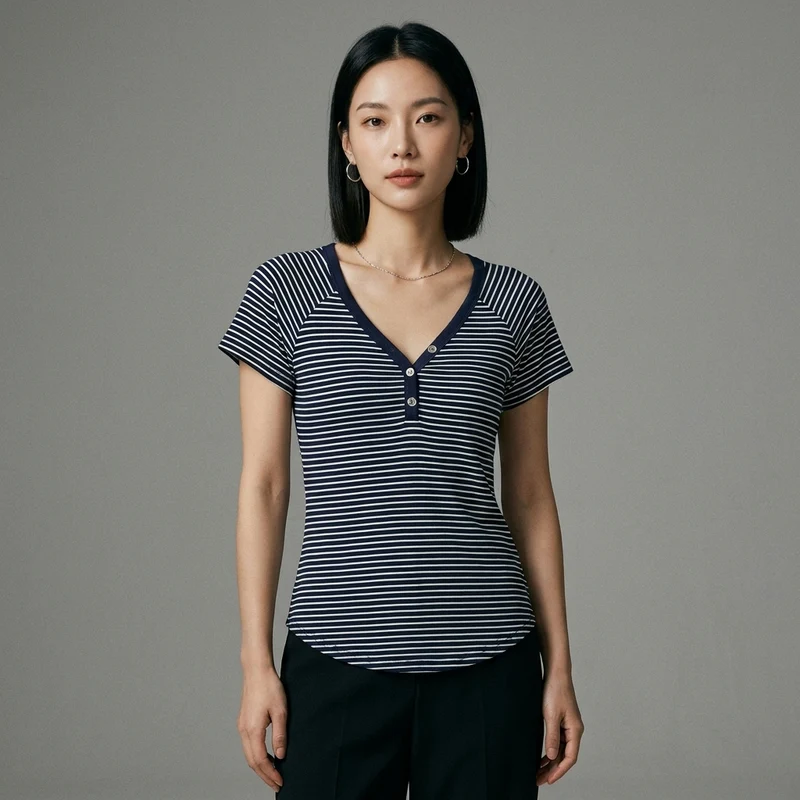 T-Shirt Col V Boutons Marine