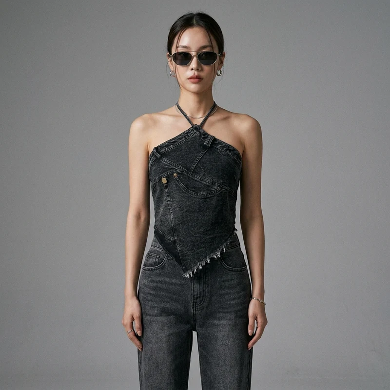 Top Bustier Denim Effiloché