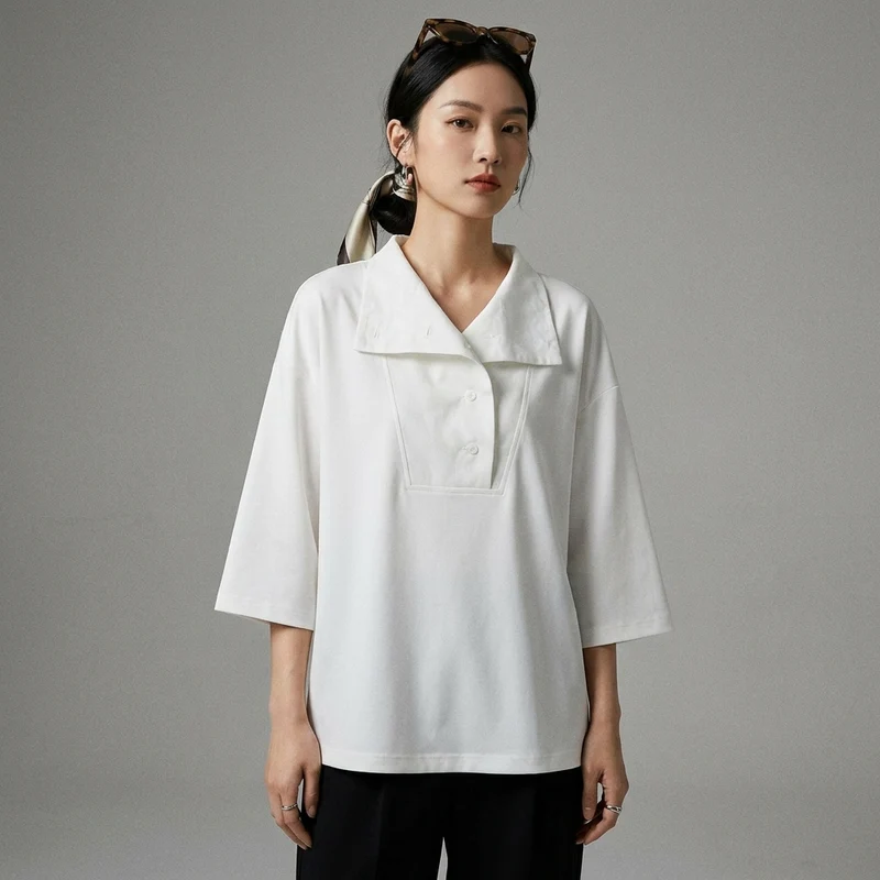 T-shirt Boutonné Col Chemise Blanc