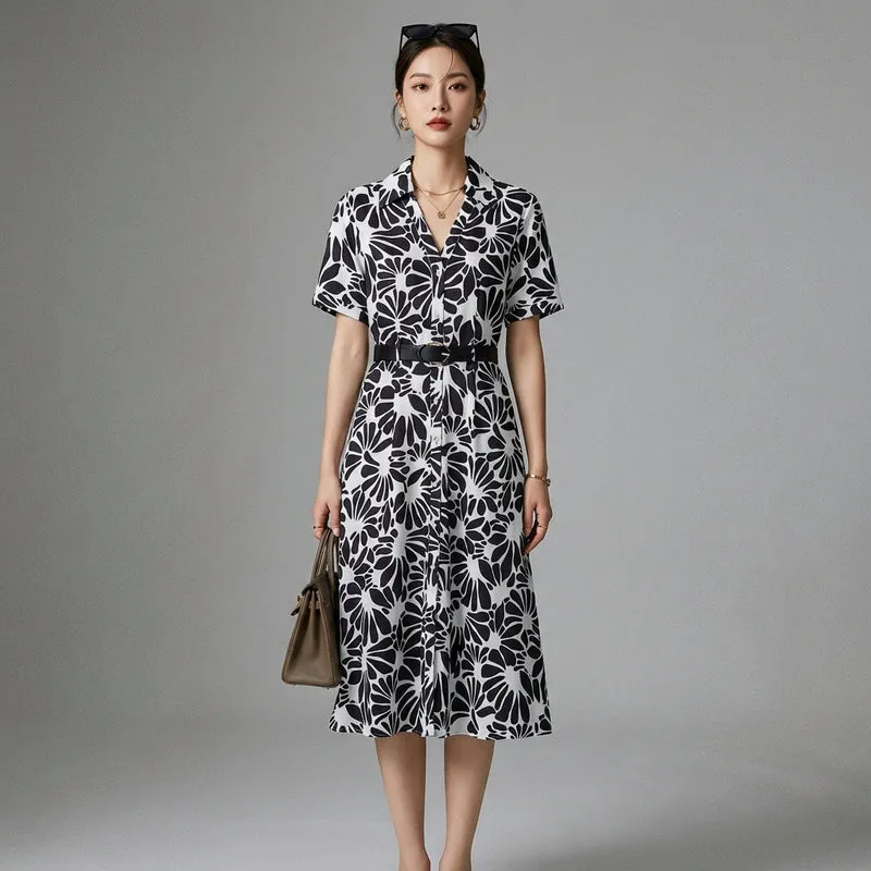 Robe ceinturée imprimée col rabattu