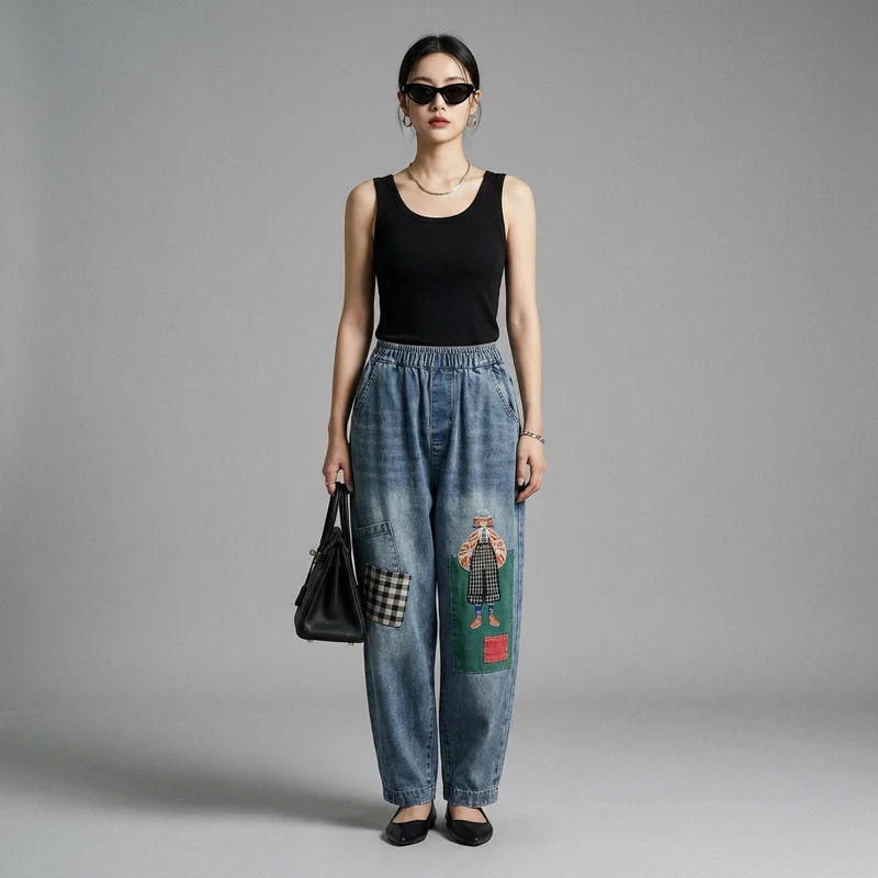 Pantalon Harem Denim Brodé