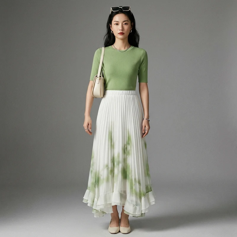Jupe Longue Plissée Taille Haute