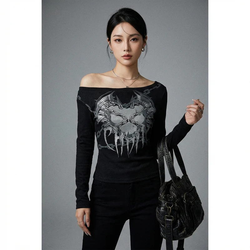 Printed subculture slanted collar off shoulder long sleeved shirt
