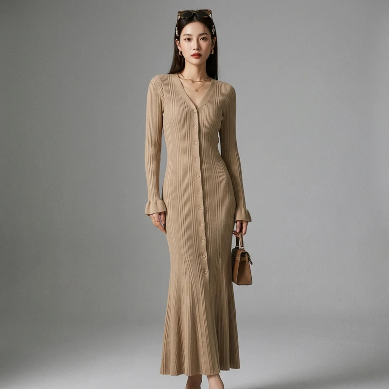 Robe Longue Maille Col V