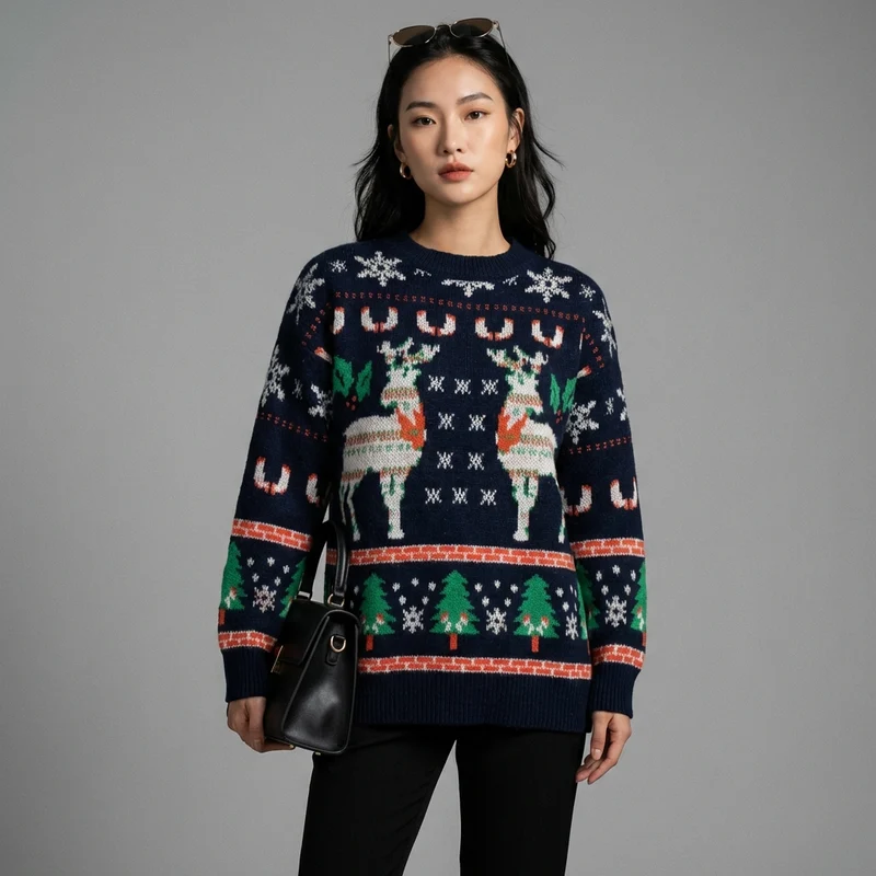 Pull Jacquard Cerf Col Rond
