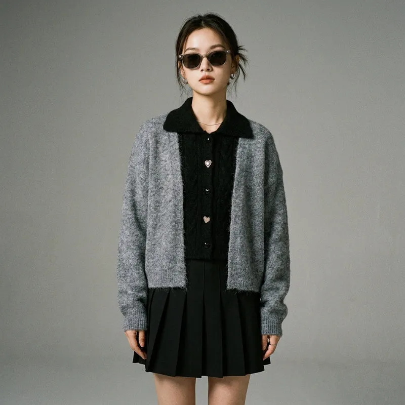 Cardigan Tricoté Col Chemise Bicolore
