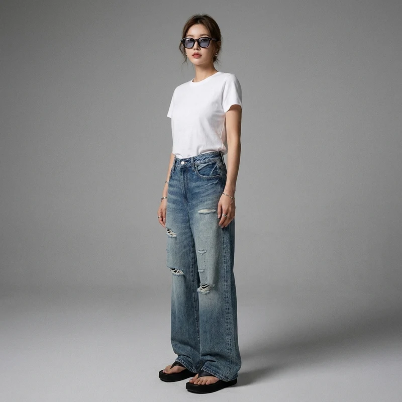 Pantalon Jean Large Délavé