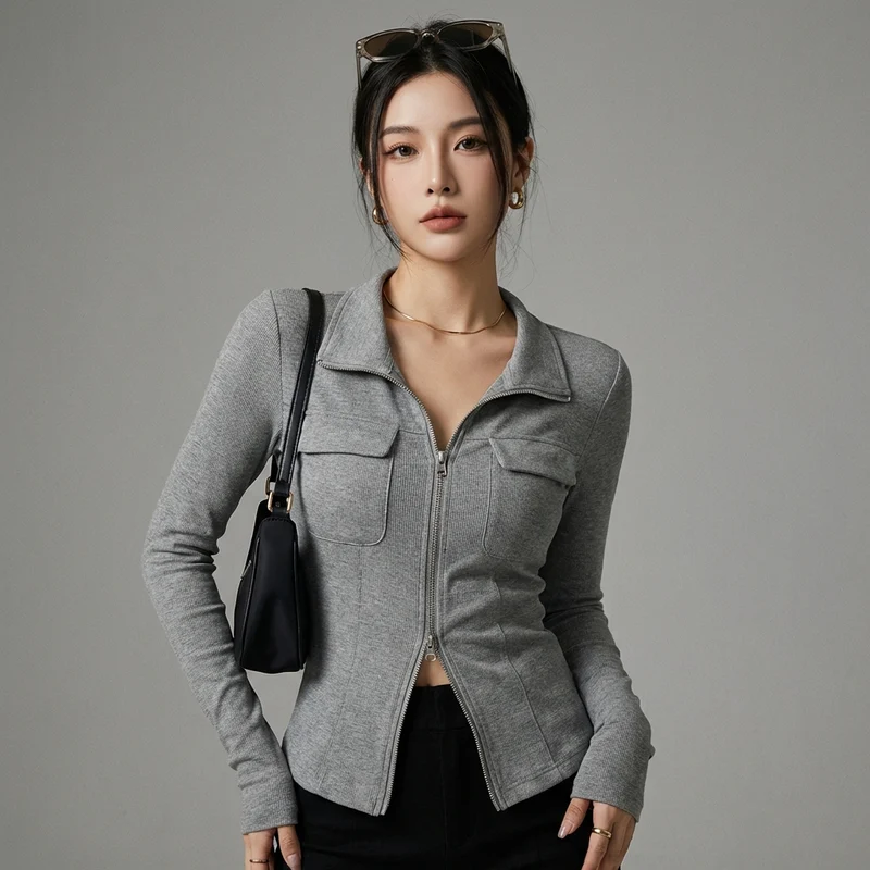Top Polo Zippé Gris