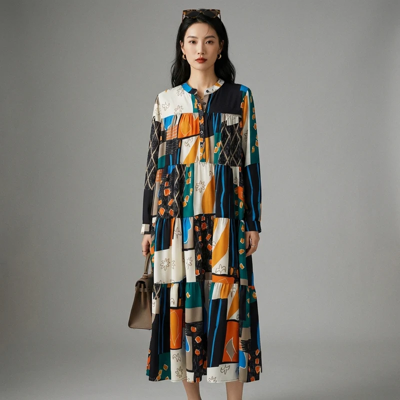 Vintage Print Dress Loose Appear Thin Simplicity Fashion Women Autumn New Arrival Casual Irregular Korea Dress